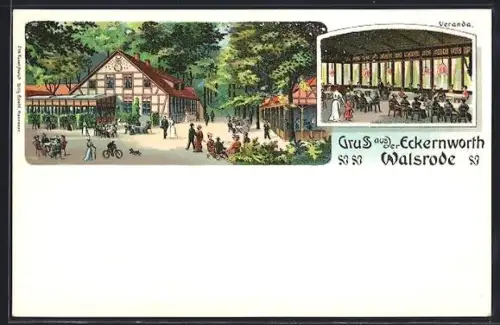 Lithographie Walsrode, Gasthaus Eckernworth mit Veranda