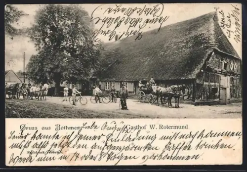 AK Bothmer, Blick zum Gasthof W. Rotermund, Kutschen und Radfahrer