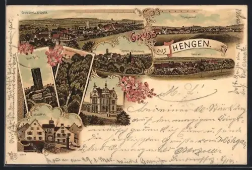 Lithographie Tengen, Rathaus, Alter Turm, Stadttor