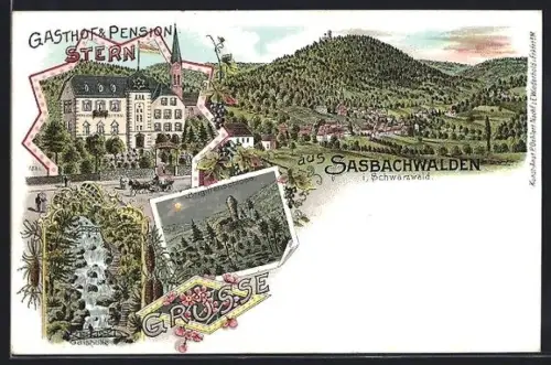 Lithographie Sasbachwalden i. Schwarzwald, Gasthof und Pension Stern, Gaishölle, Brigittenschloss
