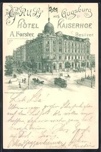 Lithographie Augsburg, Hotel Kaiserhof, Bes. A. Forster, Strassenbahn
