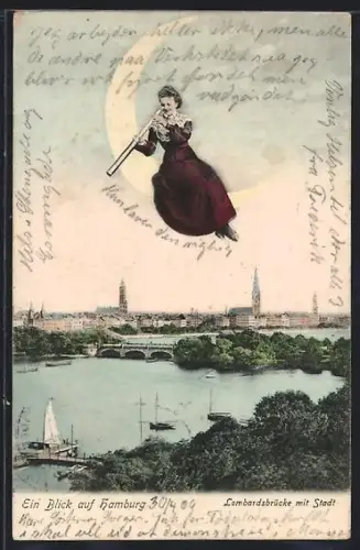 AK Hamburg-Neustadt, Fliegende Frau über Lombardsbrücke mit Stadt