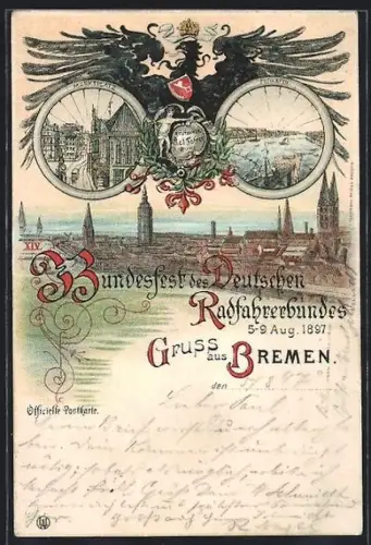 Lithographie Bremen, Fahrrad Bundesfest des Deutschen Radfahrerbundes 1897, Marktplatz, Freihafen
