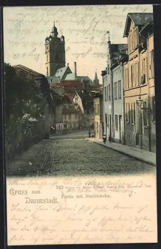 AK Darmstadt, Strassenpartie mit Stadtkirche