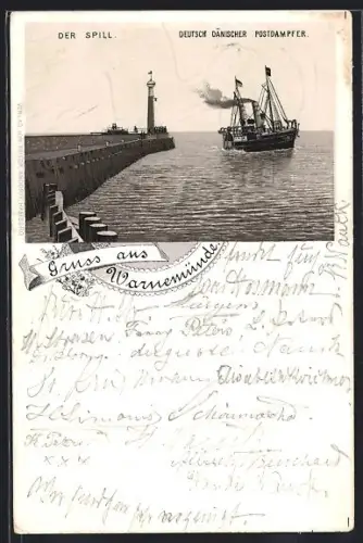 Lithographie Warnemünde, Dampfer und Leuchtturm