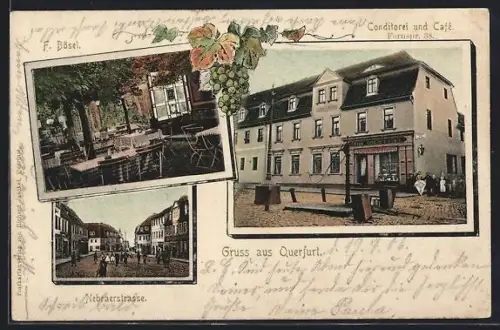 AK Querfurt, Partie an der Nebraerstrasse und Conditorei und Café F. Bösel