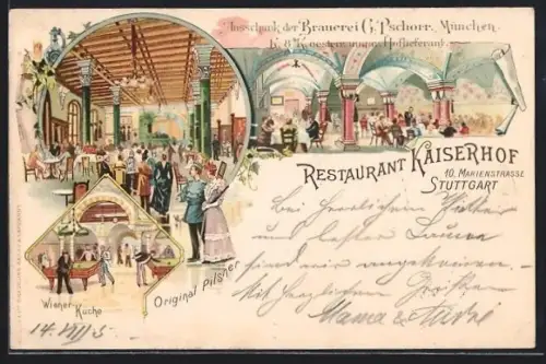 Lithographie Stuttgart, Restaurant Kaiserhof mit Ausschank der Brauerei G. Pschorr, Marienstrasse 10