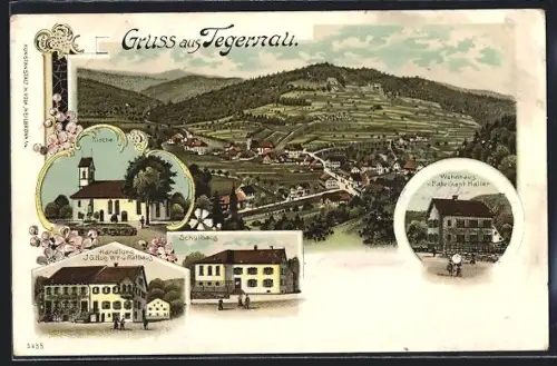 Lithographie Tegernau, Totalansicht, Handlung JG. Hug und Rathaus, Schulhaus und Kirche