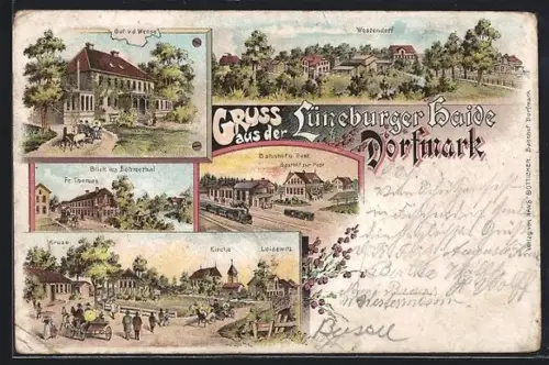 Lithographie Dorfmark, Gasthof zur Post mit Bahnhof und Post, Gut v. d. Wense