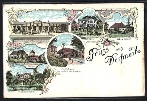 AK Dorfmark, Bahnhof, Villa Allermann, Gut v. d. Wense, Gotzsche`s Gasthaus und Kirche
