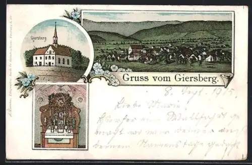 Lithographie Giersberg, Totalansicht, Kirche und Altar