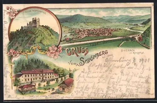 Lithographie Biberach / Kinzigtal, Ruine Hohengeroldseck, Gasthaus zum Löwen