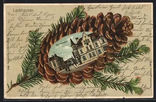 Passepartout-Lithographie Lechhausen, Pfarrstrasse, Tannenzapfen