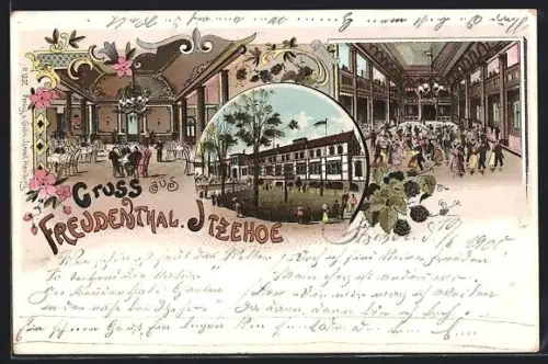 Lithographie Itzehoe, Gasthof Freudental mit Aussenansicht und Tanzsaal