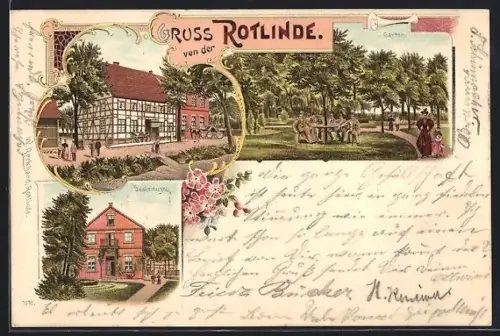 Lithographie Soest, Gasthaus Rotlinde, Garten, Saaleingang
