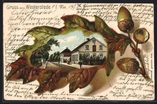 Passepartout-Lithographie Westerstede, Strassenpartie im Eichenblatt