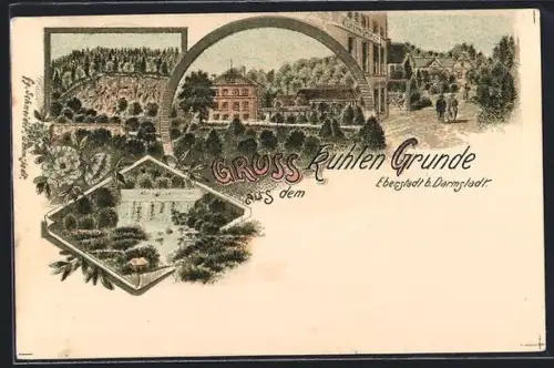 Lithographie Eberstadt /Darmstadt, Hotel-Pension Zum kühlen Grunde, Ortspartie und Waldlandschaft