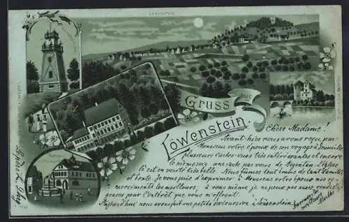 Mondschein-Lithographie Löwenstein /Württ., Gasthaus Theusserbad, Rathaus, Marktplatz, Aussichtsturm u. Badeschlösschen