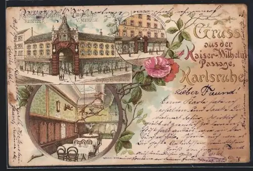 Lithographie Karlsruhe, Gasthof Kaiser-Wilhelm-Passage, Bes. V. Merkle