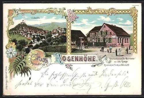 Lithographie Krumbach /Odenwald, Gasthaus Zur Rosenhöhe, Bes. Joh. Knapp, Ortsansicht Lindenfels