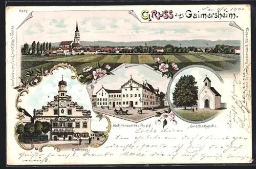 Lithographie Gaimersheim, Mohrbrauerei von Rupp, Rathaus, Gnadenkapelle