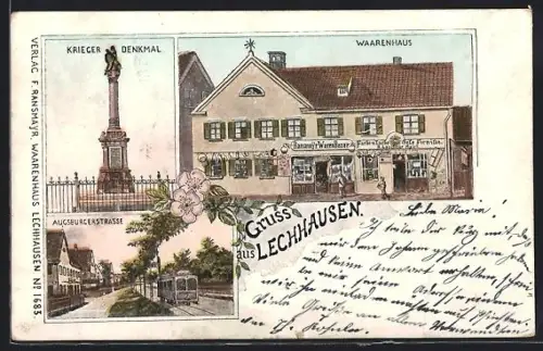 Lithographie Lechhausen, Kriegerdenkmal, Warenhaus Hansmayr Waren-Bazar, Augsburgerstrasse mit Strassenbahn