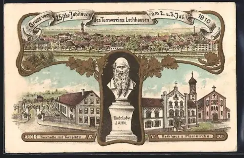 Lithographie Lechhausen, 25jähr. Jubiläum des Turnvereins Lechhausen 1910, Büste F. L. Jahn, Turnhalle mit Turnplatz