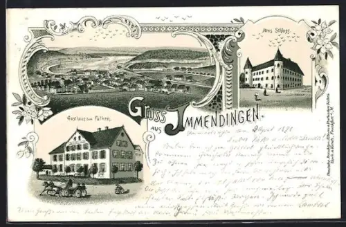 Lithographie Immendingen, Gasthaus zum Falken, Altes Schloss und Ortsansicht aus der Vogelschau