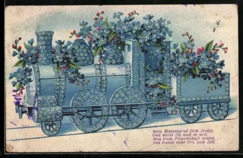 AK Lokomotive mit Vergissmeinnicht