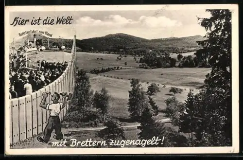 AK Hier ist die Welt mit Brettern zugenagelt, Volksfest neben Truppenübungsplatz, Montage