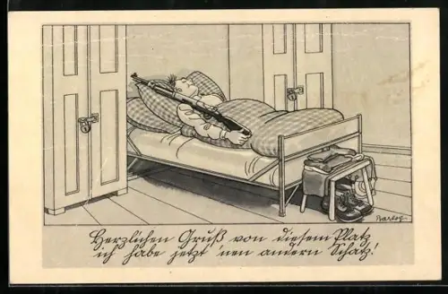 Künstler-AK Barlog: Soldat liegt im Bett und hält sein Gewehr