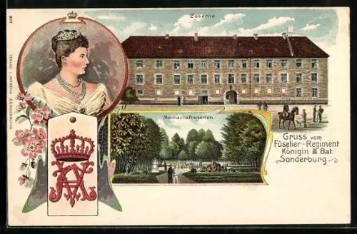 Lithographie Sonderburg, Füselier-Regiment Königin III. Bat. Sonderburg, Caserne, Mannschaftsgarten, Königin, Wappen
