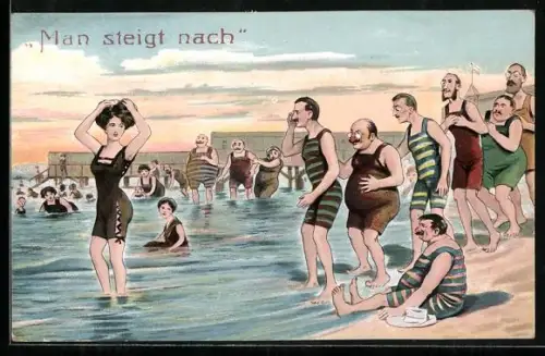 Künstler-AK Man steigt nach, Strandszene, Junge Dame im Badeanzug und interessierte Herrengruppe