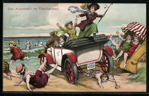 AK Auto mit offenem Verdeck rast über den Strand