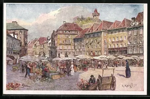 Künstler-AK Graz, Marktstände auf einem Platz