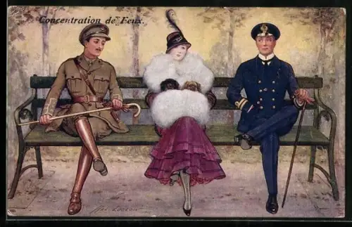 Künstler-AK Junge Dame zwischen zwei Soldaten auf einer Bank
