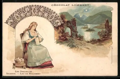 Lithographie Killarney, Killarney Lake, Crocheted lace