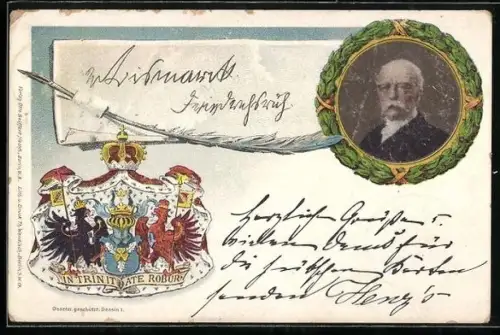 Künstler-AK Portrait von Bismarck, Wappen