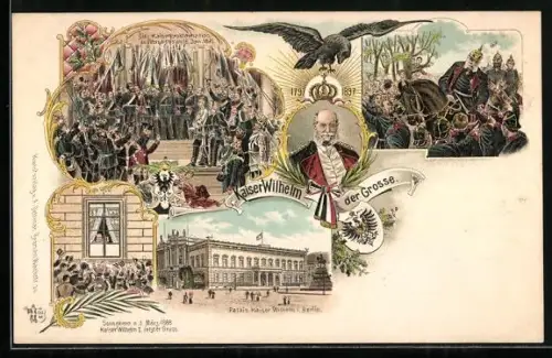 Lithographie Berlin, Kaiser Wilhelm I., Kaiserproklamation zu Versailles, 1871