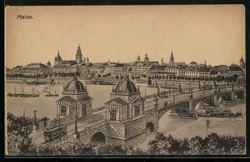 Künstler-AK Mainz, Teilansicht und Brücke mit Strassenbahn
