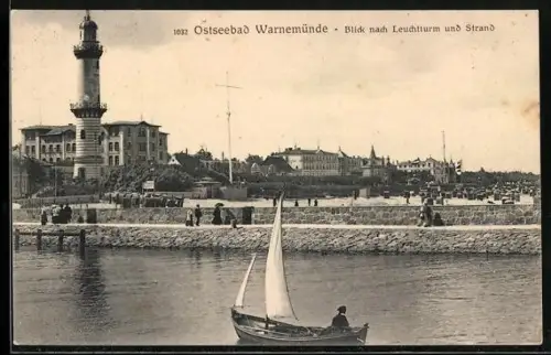 AK Warnemünde, Blick nach dem Leuchtturm und Strand
