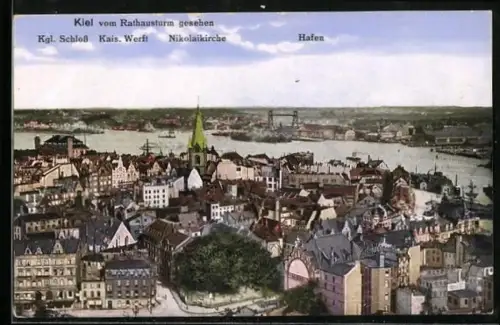 AK Kiel, Königliches Schloss, Kaiserliche Werft und Nikolaikirche mit Hafen