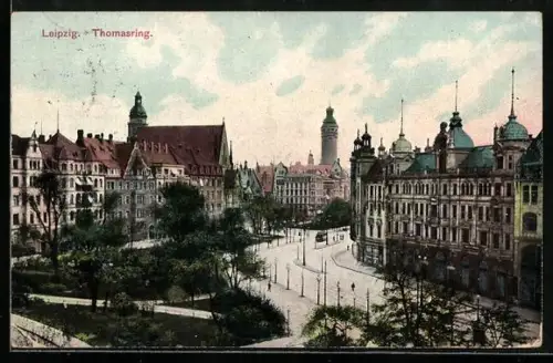 AK Leipzig, Partie am Thomasring m. Strassenbahn