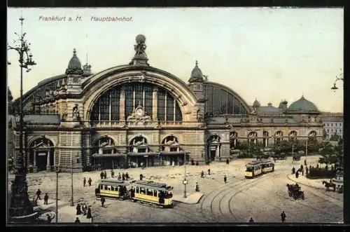 AK Frankfurt a. M., Hauptbahnhof mit Strassenbahnen