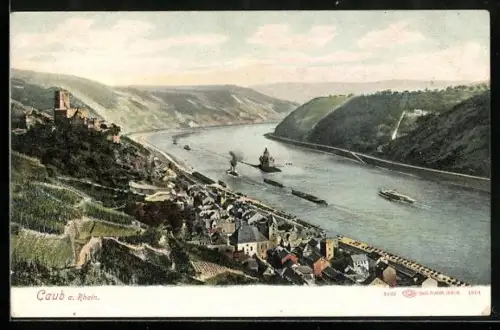 AK Caub a. Rhein, Rheinansicht mit Schiffen