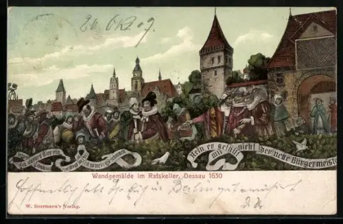 AK Dessau, Wandgemälde im Ratskeller 1630