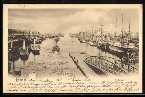 AK Bremen, Freihafen mit Schiffen und Brücke