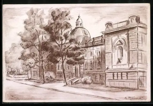 Künstler-AK Zwickau, Blick zur Ingenieurschule