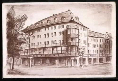 Künstler-AK Zwickau, Ringkaffee an einer Strassenecke