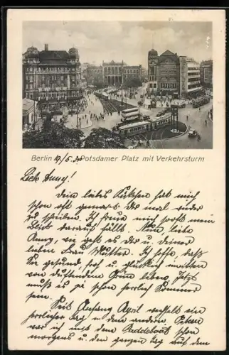 AK Berlin-Tiergarten, Potsdamer Platz mit Verkehrsturm, Strassenbahn